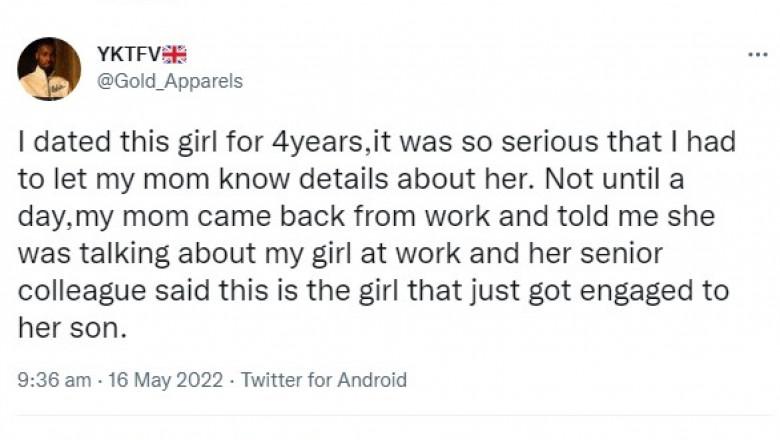 Man left heartbroken after finding out his girlfriend of 4 years is engaged to son of his mum’s colleague