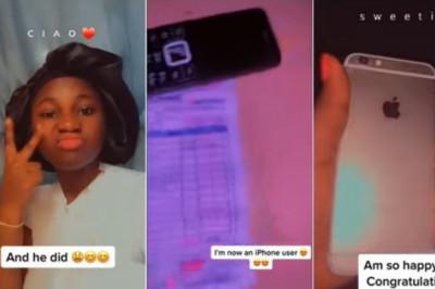 Young lady who asked boyfriend for iPhone appreciates him as he buys iPhone 6 for her (Video)