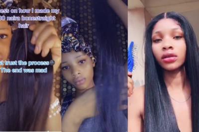 Nigerian lady goes viral after making bone straight wig with N1,200 (Video)