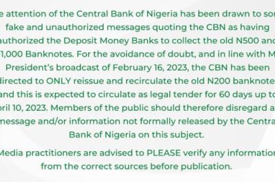 Breaking News:CBN Denies Giving Banks Instructions On RecollectionOf old Notes.